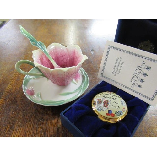 295 - FRANZ CUP SAUCER AND SPOON AND A HALYCON DAYS TRINKET BOX