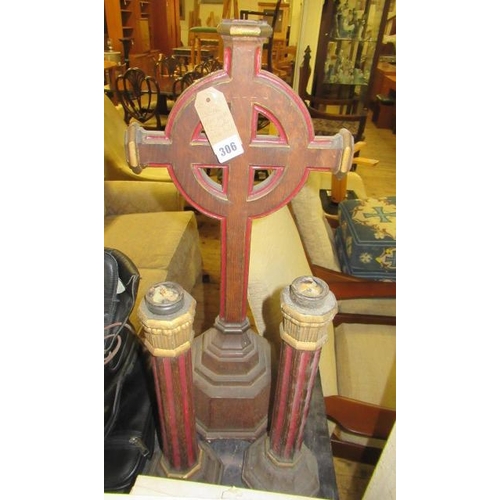 306 - WOODEN CROSS AND TWO CANDLESTICKS