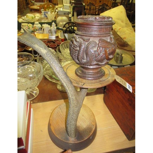 360 - ANTLER STAND AND CARVED TOBACCO JAR