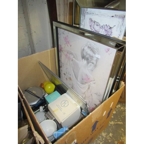 388 - BOX OF MISCELLANEOUS INCLUDING PICTURES AND ORNAMENTS