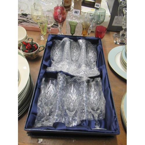 487 - QUANTITY OF GLASS INCLUDING DECANTER AND BOXED CRYSTAL GLASSES