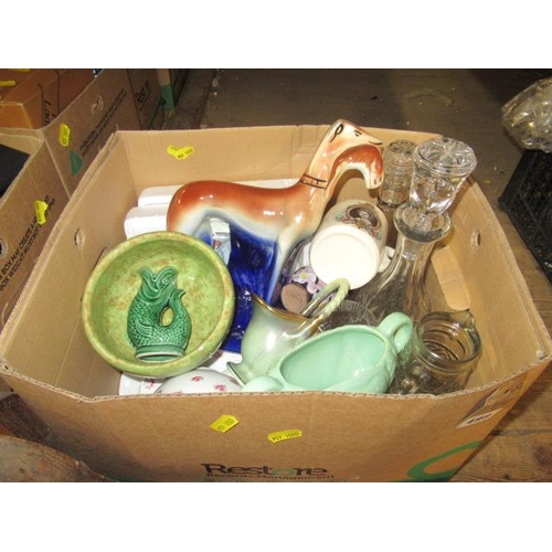 499 - BOX OF CERAMICS AND GLASS INCLUDING GREYHOUND