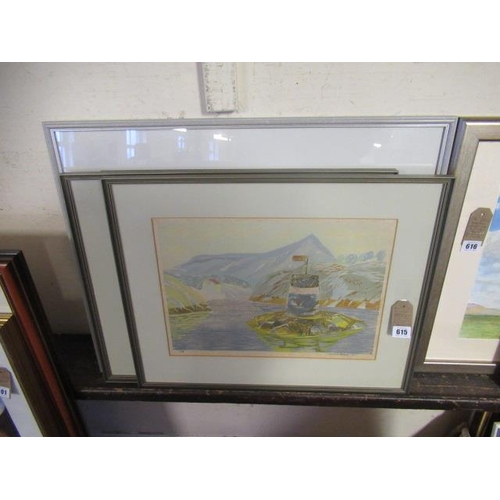 615 - TWO HAROLD VANES PRINTS AND A PASTEL OF BRUNSWICK BAY BY K JOHNSON