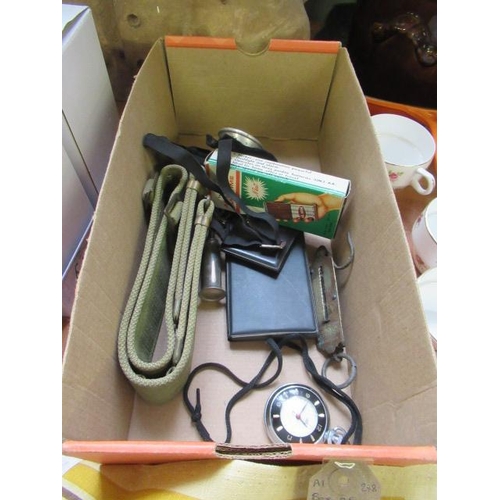 305 - BOX OF VINTAGE COLLECTABLES INCLUDING GOGGLES AND BOXED ALARM