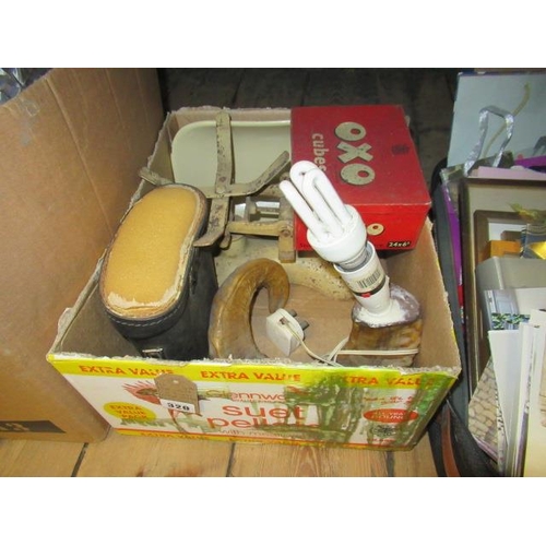 320 - BOX OF MISCELLANEOUS HORN LAMP SCALES AND BINOCULARS