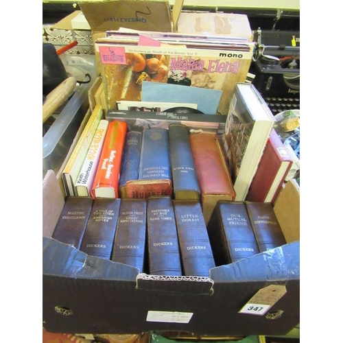 347 - BOX OF BOOKS INCLUDING DICKENS AND LP RECORDS