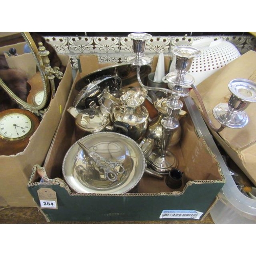 354 - BOX OF METALWARE INCLUDING CANDELABRA