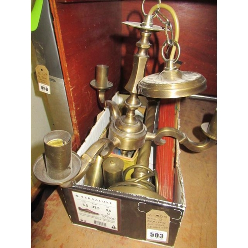 503 - BOX OF METALWARE INCLUDING CLOCK WEIGHTS