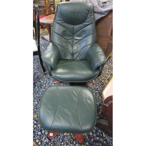 766 - GREEN LEATHER RECLINER WITH FOOTSTOOL