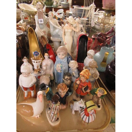 136 - TRAY OF MISCELLANEOUS FIGURES AND ORNAMENTS INCLUDING SHOES