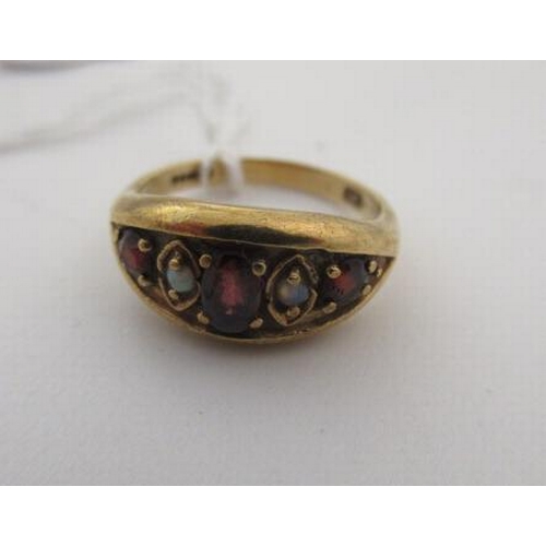 180 - 9CT GOLD GARNET AND OPAL BEAD RING