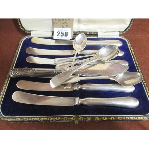 258 - CASE OF SIX SILVER HANDLED TEA KNIVES ETC