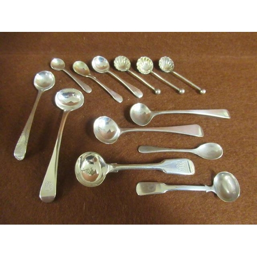 260 - FIVE GEORGIAN SILVER MUSTARD SPOONS THREE SHELL SALT SPOONS AND FIVE EPNS CRUET SPOONS