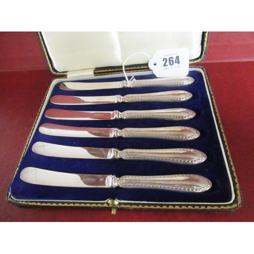 264 - CASED SET OF SIX SILVER HANDLED TEA KNIVES