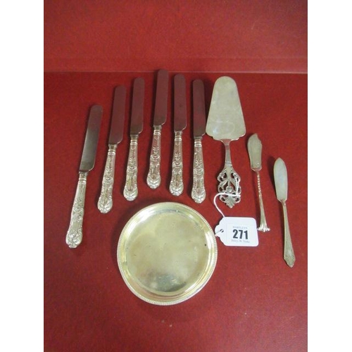 271 - SET OF SIX SILVER HANDLED TEA KNIVES SMALL DISHES ETC