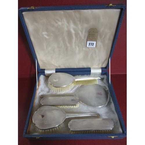 272 - BOXED SILVER FIVE PIECE DRESSING SET AND PLATED COMB