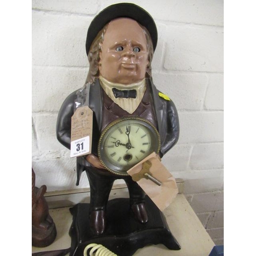 31 - ANTIQUE JOHN BULL MANTLE CLOCK WITH MOVING EYE AND KEY