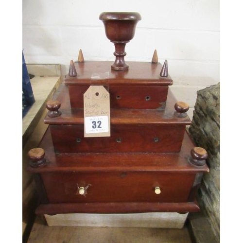 32 - WOODEN SEWING BOX AND BOBBIN STAND