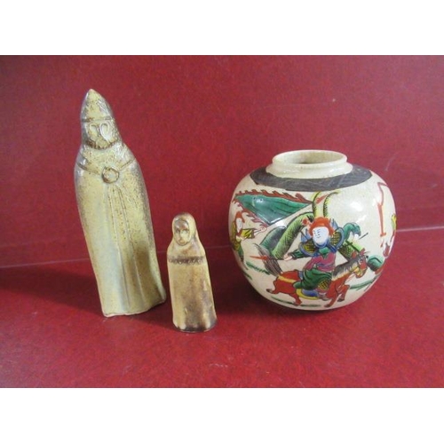 346 - TWO POTTERY FIGURES AND A GINGER JAR