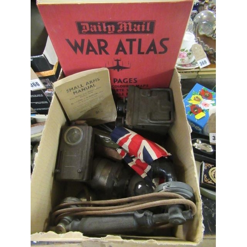 362 - BOX OF WARTIME ITEMS INCLUDING TELEPHONE AND DAILY MAIL WAR ATLAS ETC