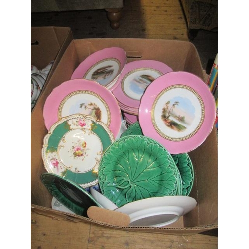 375 - BOX OF 19TH CENTURY CERAMICS AND GREEN LEAF WEDGWOOD PLATES