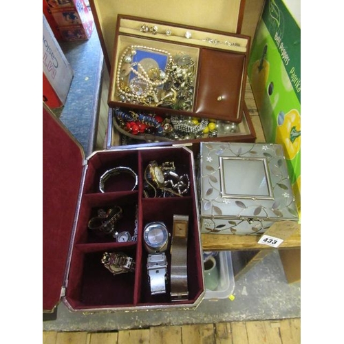 433 - THREE JEWELLERY BOXES WITH COSTUME JEWELLERY ETC