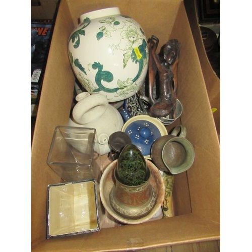 533 - BOX OF GLASS CERAMICS AND METALWARE