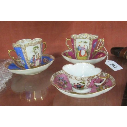 347 - THREE DRESDEN PORCELAIN CABINET CUPS AND SAUCERS