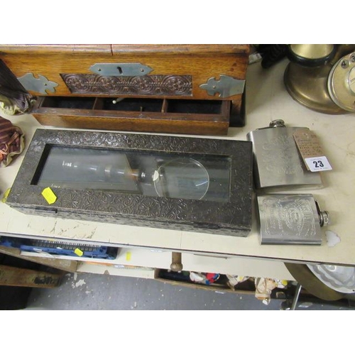 23 - BOXED MAGNIFYING GLASS AND PAPER KNIFE WITH TWO SPIRIT FLASKS