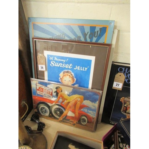 24 - QUANTITY OF TIN SIGNS PUZZLE AND FRAMED POSTER