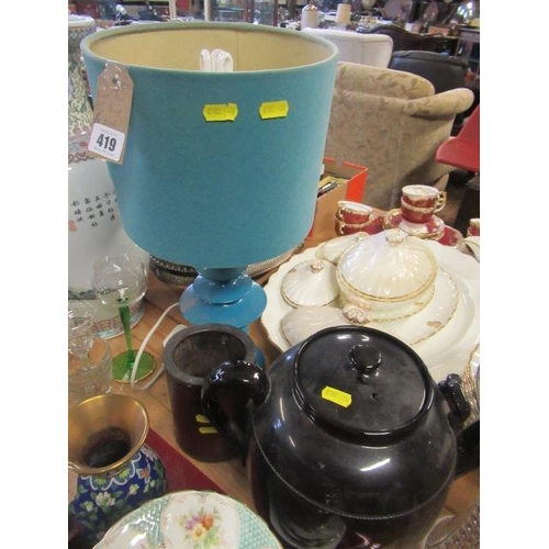 419 - LARGE TEAPOT TABLE LAMP AND BRUSH POT