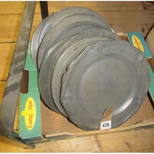 426 - BOX OF ANTIQUE PEWTER PLATES