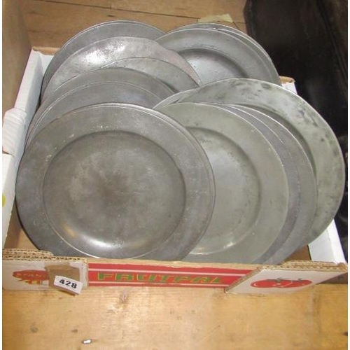 428 - BOX OF ANTIQUE PEWTER PLATES