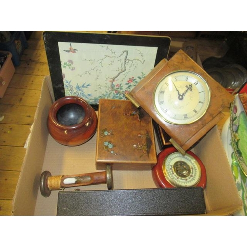 434 - BOX OF MISCELLANEOUS INCLUDING MANTLE CLOCK AND BAROMETER