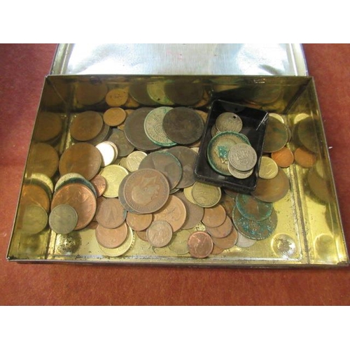 715 - VINTAGE TIN OF WORLD COINS SOME SILVER