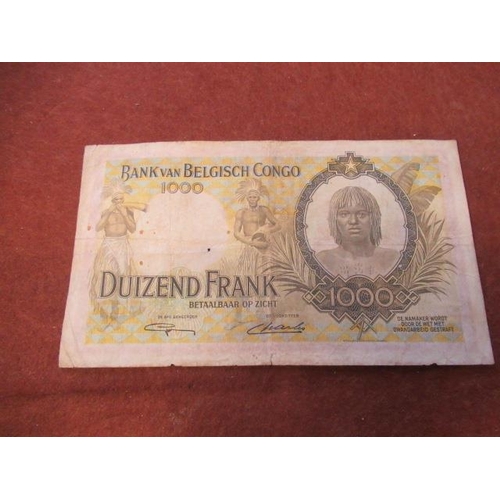 729 - ORIGINAL BANK OF CONGO 1000 BELGIAN FRANC BANK NOTE NUMBER G15299