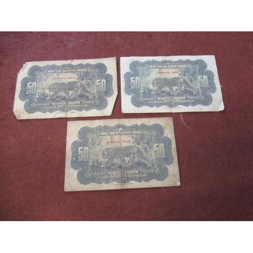 736 - THREE ORIGINAL BANK OF CONGO BELGIAN 50 FRANC BANK NOTES 1946 49 AND 50