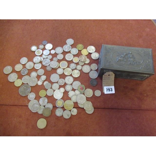 793 - TIN OF BRITISH AND WORLD SILVER AND CUPRO NICKLE COINAGE