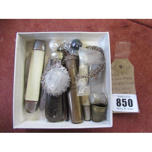 850 - BOX OF COLLECTABLES INCLUDING PEN KNIVES AND A HALF CROWN NECKLACE ETC