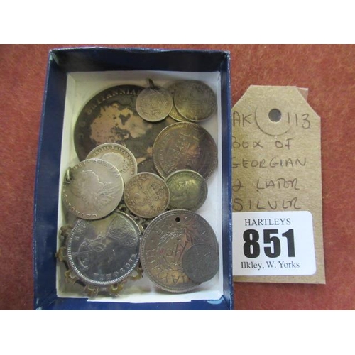 851 - BOX OF GEORGIAN AND LATER SILVER COINS