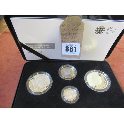 861 - 2008 SILVER PEIDFORT FOUR COIN SET INCLUDING LONDON OLYMPICS CENTENARY £2 COIN ETC