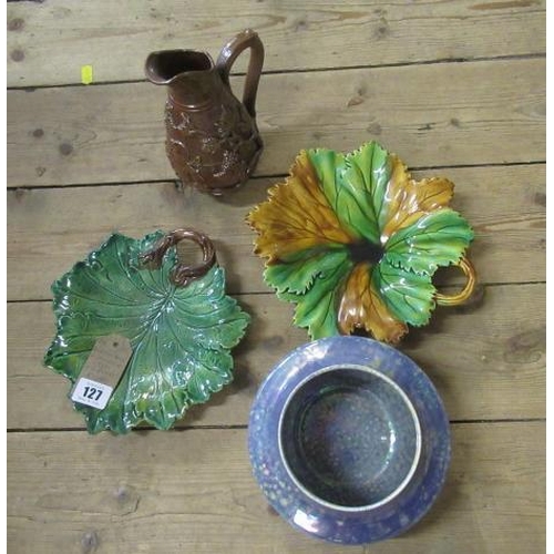 127 - RUSKIN BOWL STONEWARE JUG AND TWO PICKLE DISHES