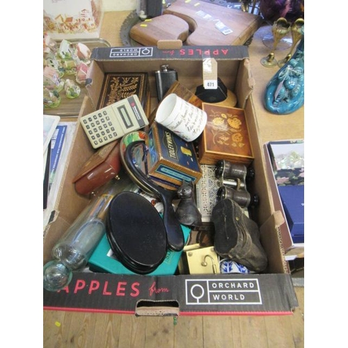 471 - BOX OF MISCELLANEOUS INCLUDING JEWELLERY BOXES AND GLASS ROLLING PIN ETC