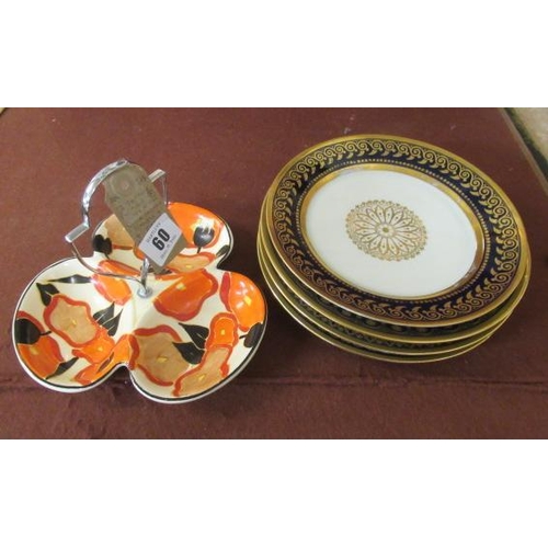 60 - THREE SECTION CLARICE CLIFF DISH AND FOUR ORNAMENTAL PLATES