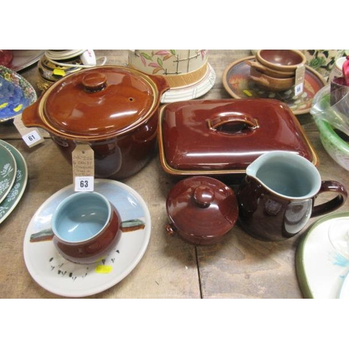 63 - FIVE DENBY STONEWARE ITEMS AND A SCOTTISH PLATE