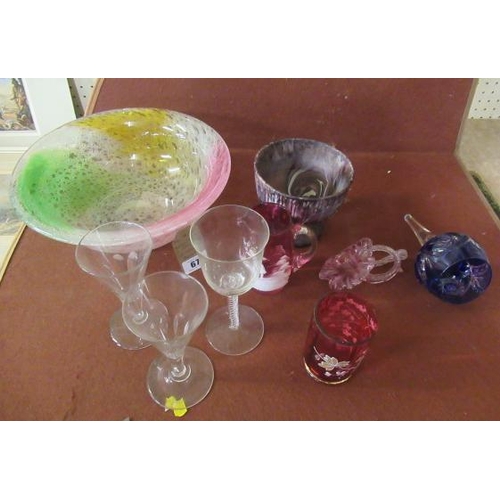 67 - RETRO BOWL AND TWO OTHER ITEMS OF COLOURED GLASS