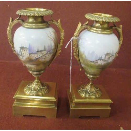 7 - PAIR OF FRENCH GILT METAL MOUNTED PORCELAIN GARNITURE VASES