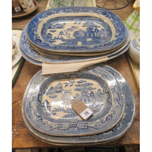 70 - SIX WILLOW PATTERN PLATES AND ANOTHER