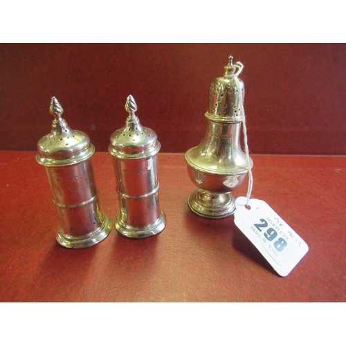 298 - PAIR OF SILVER PEPPERETTES AND ANOTHER