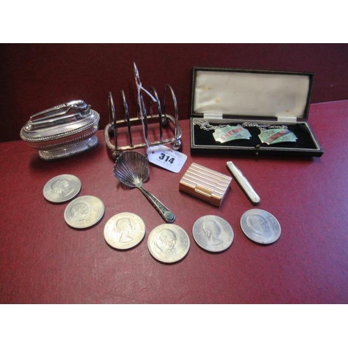314 - SIX CHURCHILL CROWNS EPNS TOAST RACK ETC